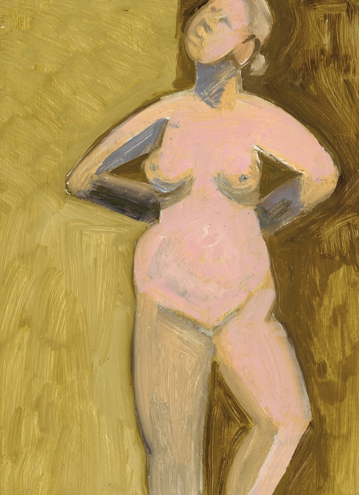 Painting of a nude figure standing, with their hands behind their back, looking upward to the left, against a brown background
