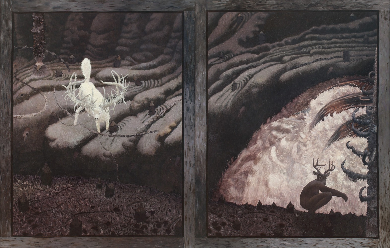 Surreal landscape diptych with a white deer with large antlers on the left side, and a creature with the body of a human and the head of a deer crouching in front of a waterfall on the right side