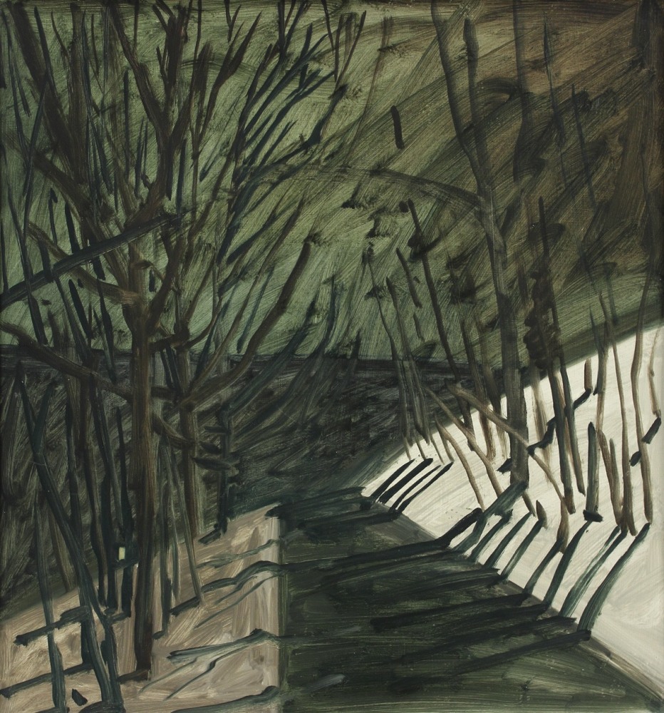 Nocturnal landscape painting of a road surrounded by trees, with moonlight casting shadows across the road