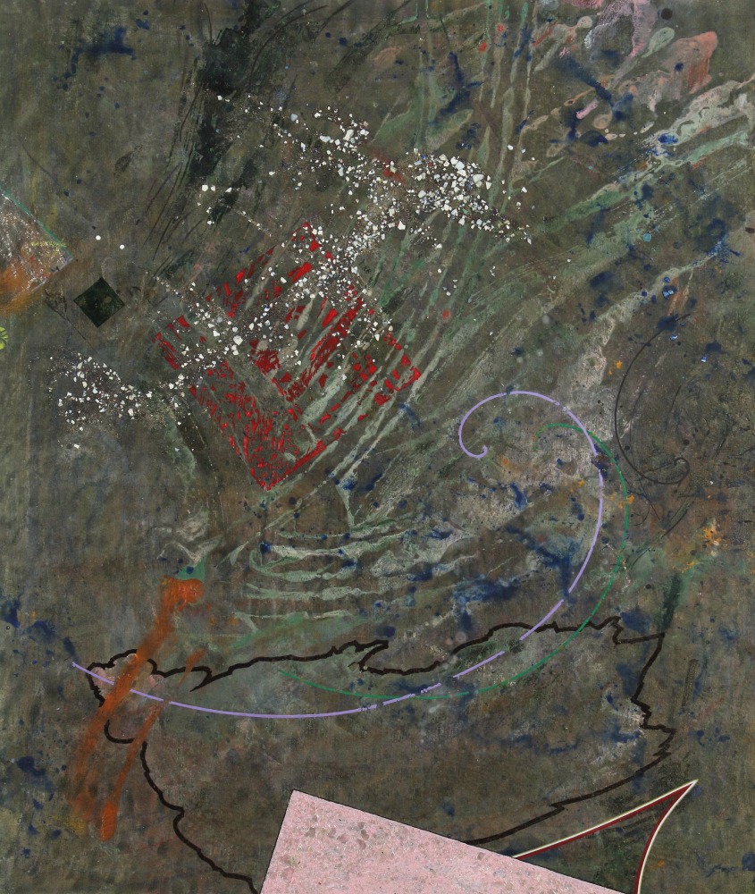 Abstract painting with geometric lines and shapes arranged on an atmospheric grey-green surface with washes of blue