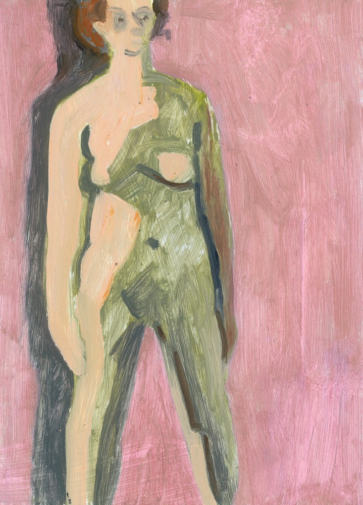 Painting of a nude figure standing against a pink ground, casting a shadow