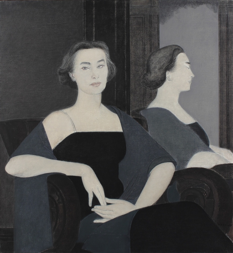 Painting of figure in a black dress and grey shawl seated in a dark interior, reflected in profile in a mirror in the background
