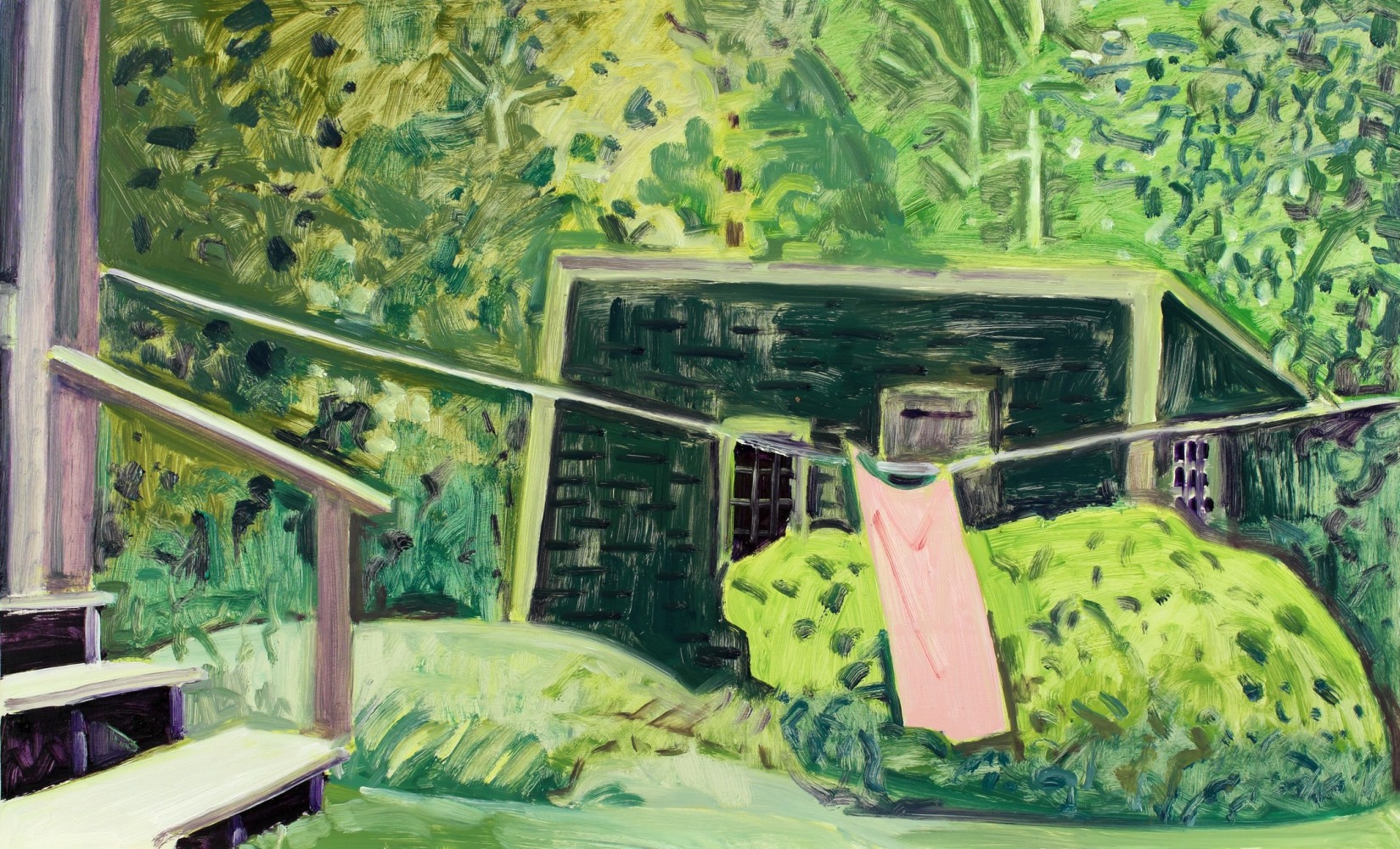 Painting of a laundry line with one pink cloth hanging from it, with a small building surrounded by a green landscape in the background