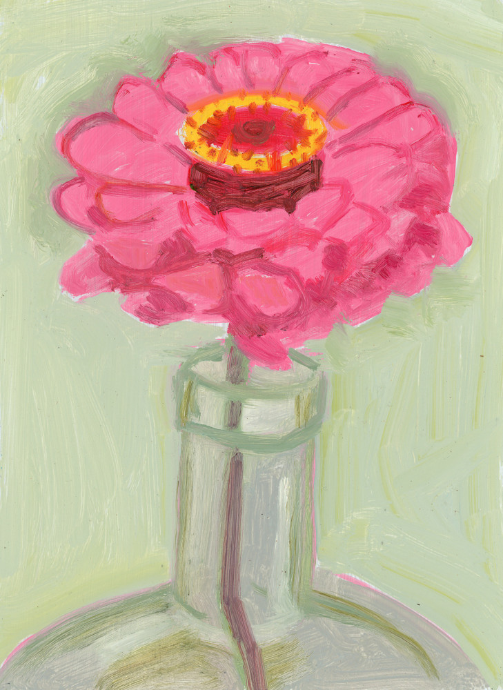 Painting of a pink flower with a yellow center in a bottle, against a light green ground