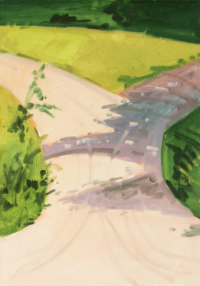 Lois Dodd, Intersection Road, Johnson, Vermont, 1988, oil on Masonite, 14 x 10 inches