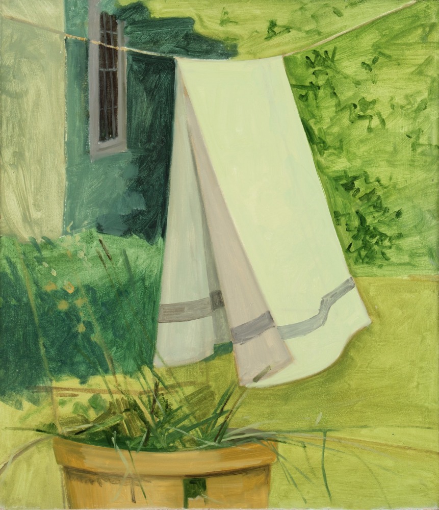 Lois Dodd, White Blanket on Line, 1981, oil on Masonite, 21 3/4 x 18 3/4 inches
