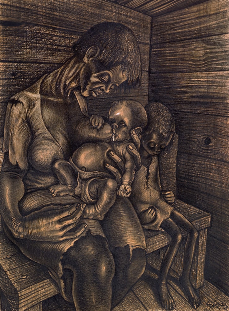 Drawing of a haggard woman breastfeeding an infant, with an emaciated child seated on her right