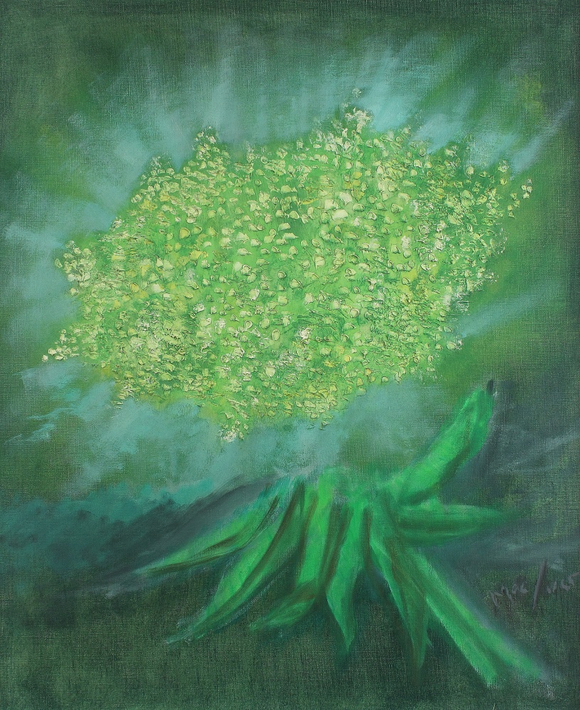 Painting of a bright green, radiant flower on a soft green background