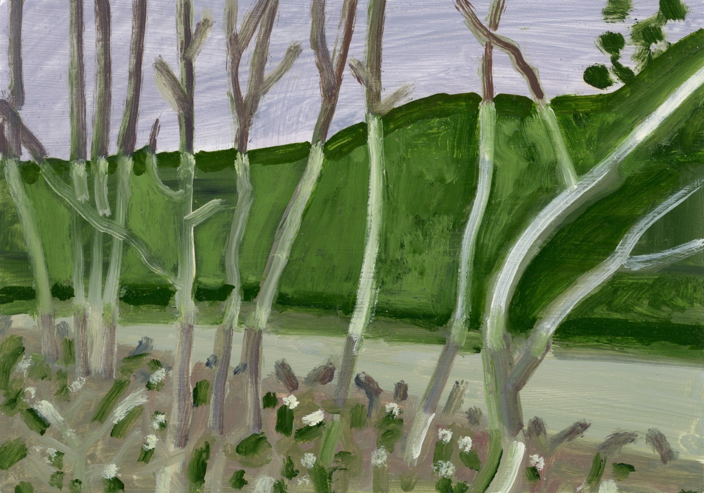 View down Hathorn Pt. Road, 2020, oil on aluminum flashing, 5 x 7 inches