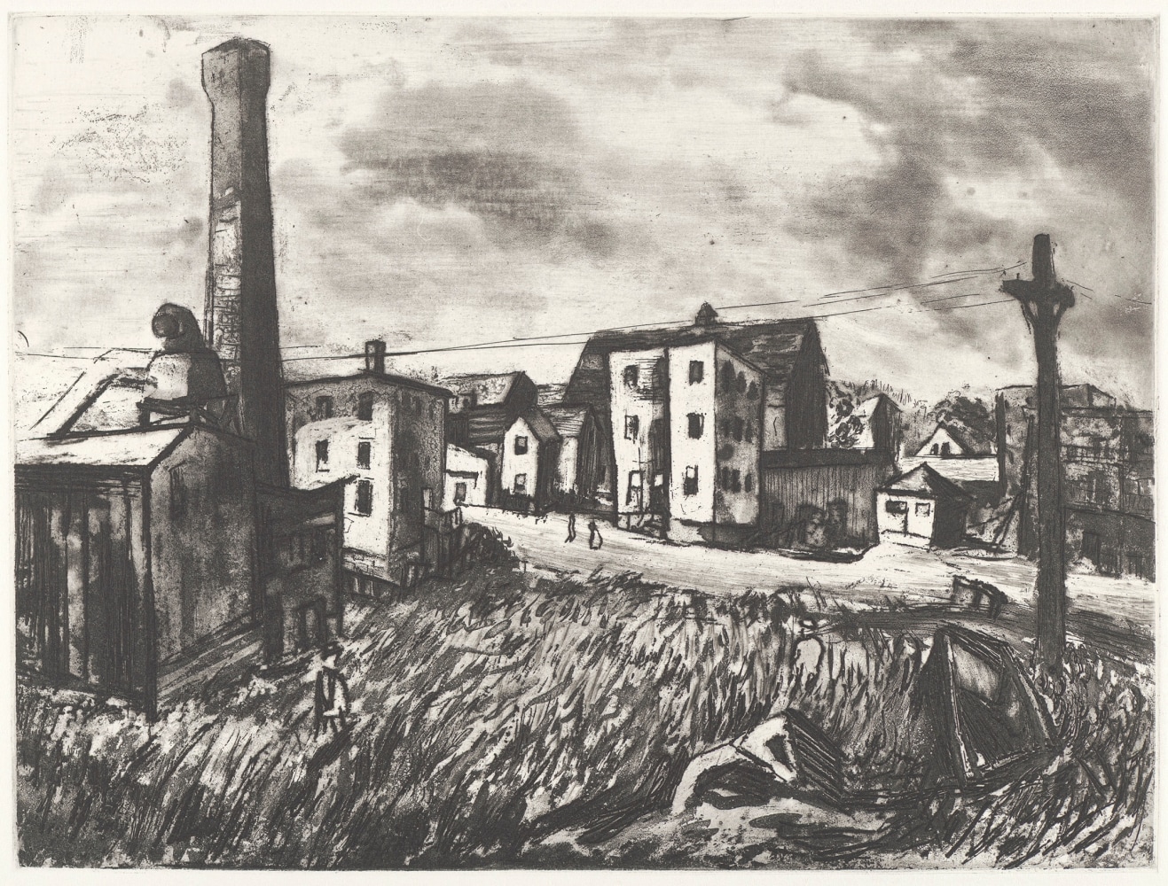 Black and white etching of a small town and street scene