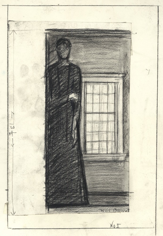 Charcoal drawing of a woman standing in a doorway with a window behind her
