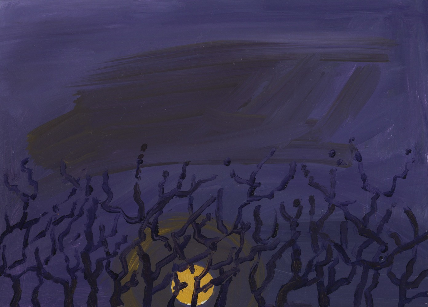 Painting of a yellow full moon behind a group of leafless trees, with a dark cloud overhead