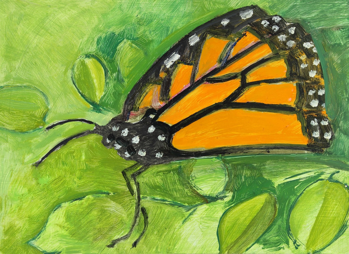 Painting of an orange and black butterfly with white spots on a green ground with leaves