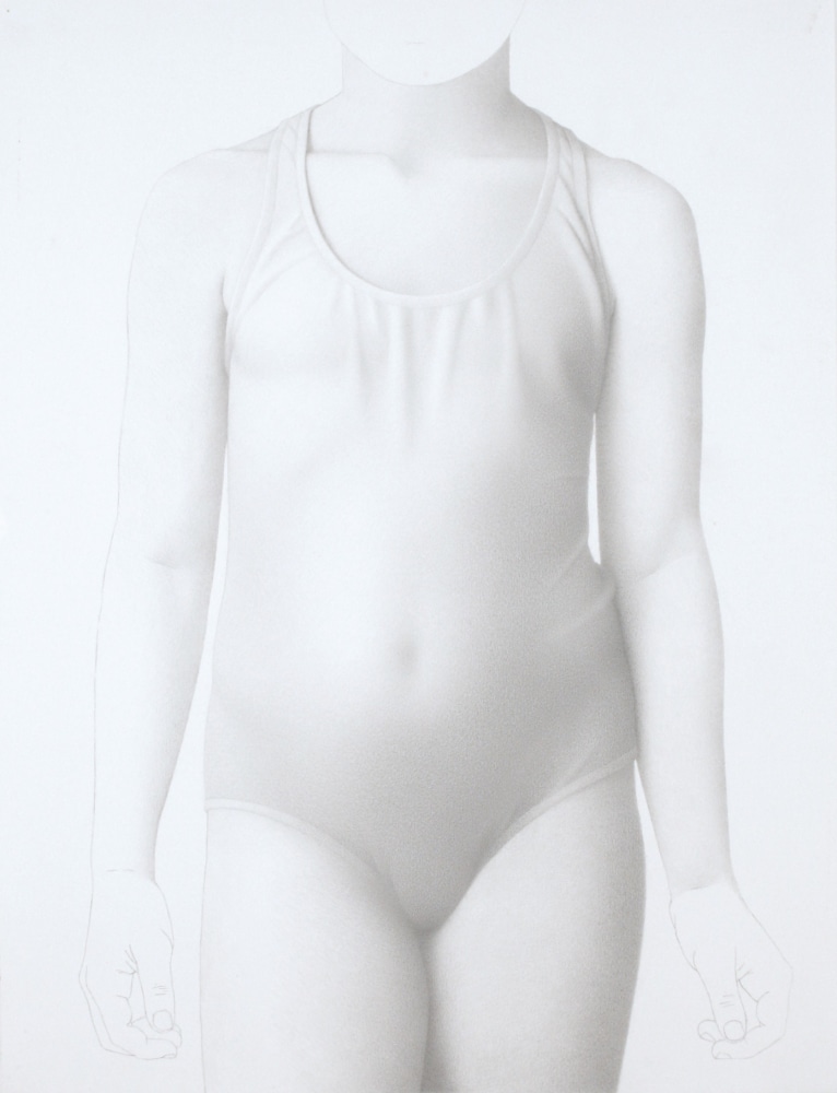 Graphite drawing of the torso of a young girl against a white background, with the head and hands unshaded