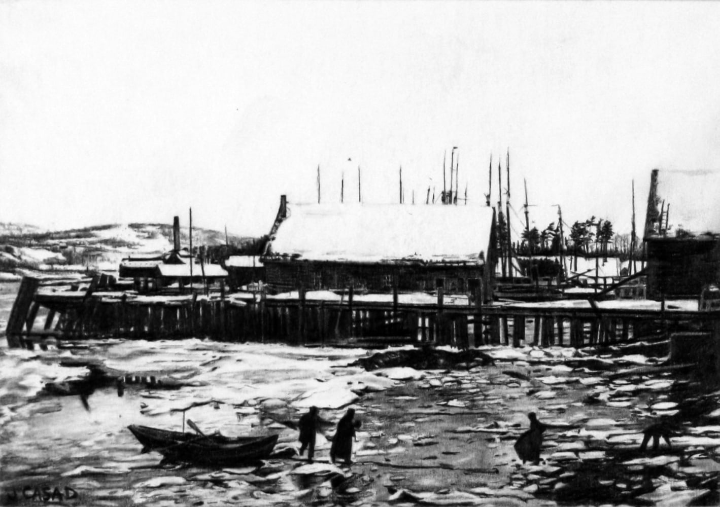 Realistic graphite drawing of a snowy seaport scene