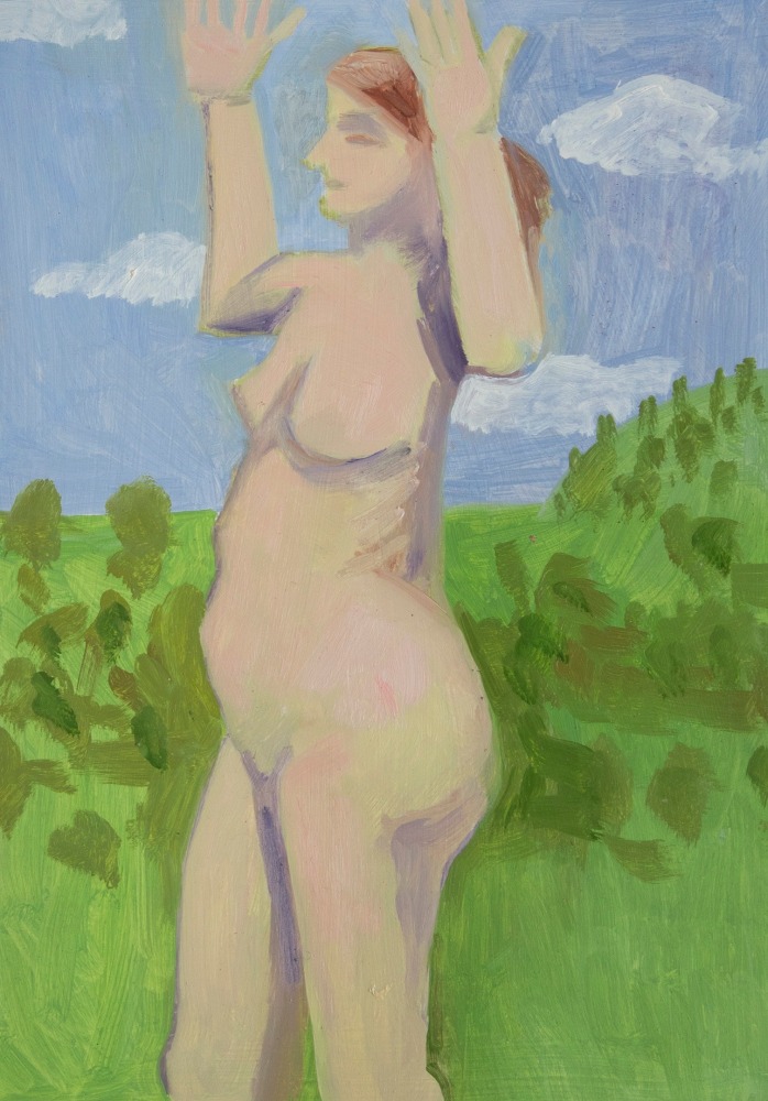Painting of a nude figure turned to the side with both arms raised, standing outside in the grass
