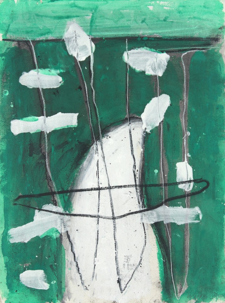 Abstract painting on paper with organic white lines and forms intersecting over a green surface