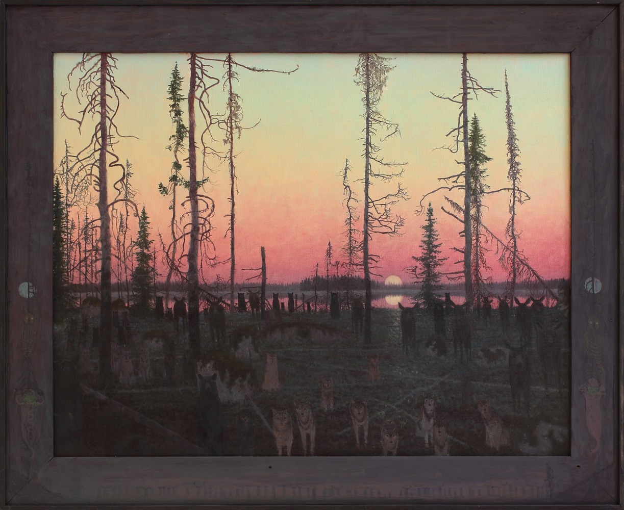 Painting of a dark forest landscape filled with wolves, bears, and moose