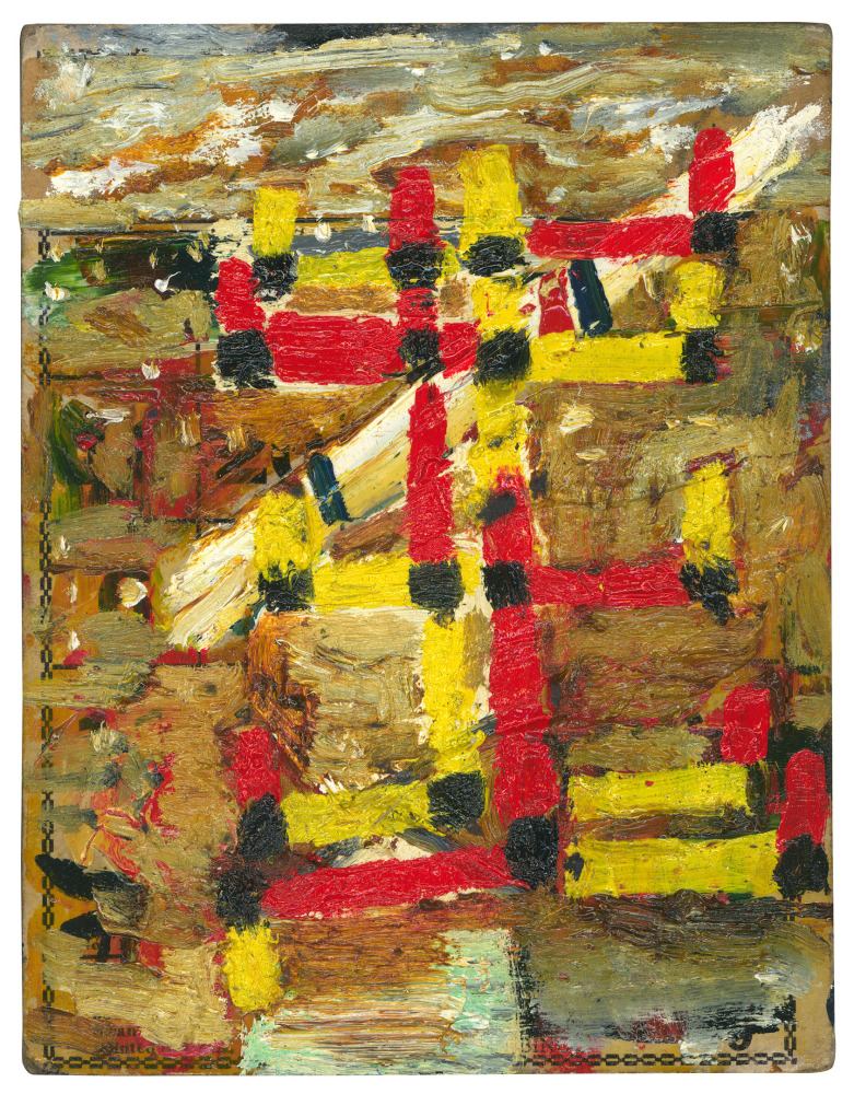Abstract painting on paper consisting of marks in yellow, red, black, and brown paint on a brown surface