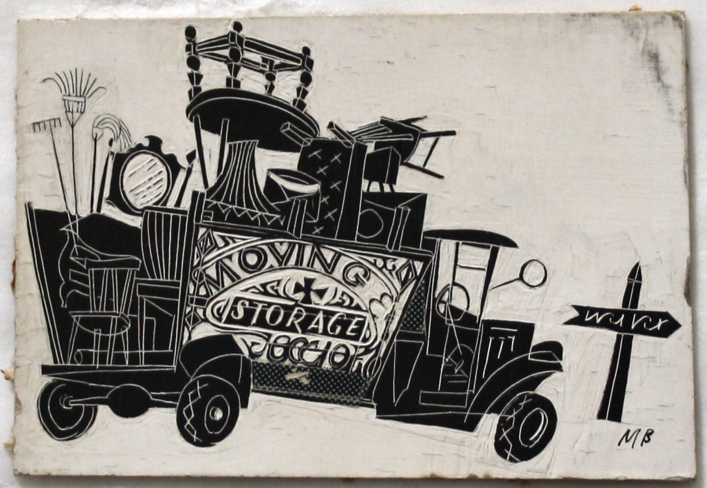 Marvin Bileck,&amp;nbsp;Untitled (Moving Truck), c. 1955-1965, scratchboard, 2 13/16 x 2 9/16 inches