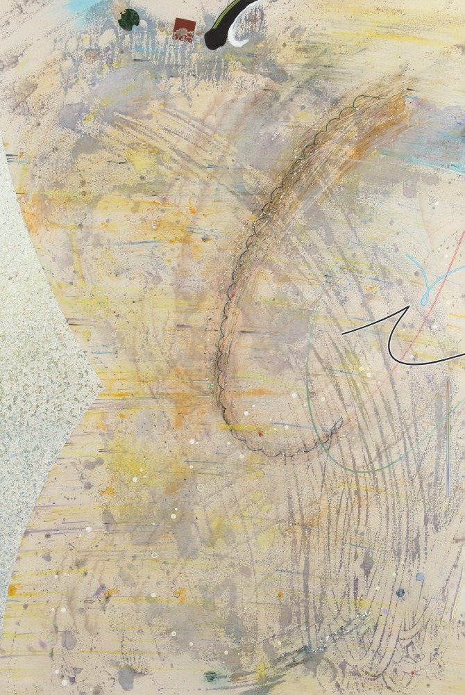 Abstract painting with curving lines arranged on an off-white surface with washes of yellow and grey