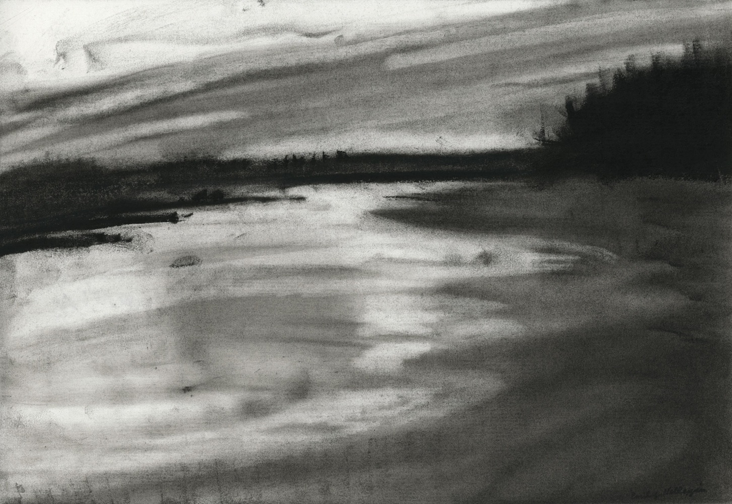 Charcoal landscape drawing of a cloudy sky, the sea, and a tree-lined shore