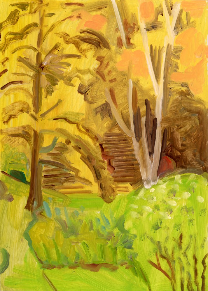 Hackmatack + Birch, 2021, oil on aluminum flashing, 7 x 5 inches