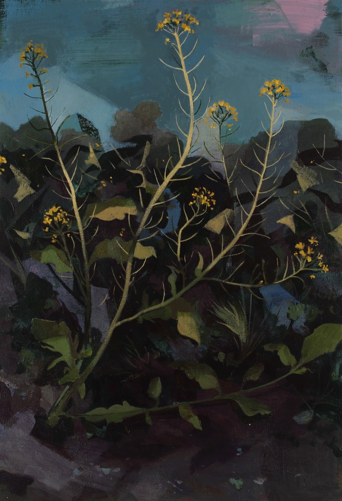 Painting of a yellow flowers with green stems and leaves on a dark patch of ground with other plants and a dark blue background