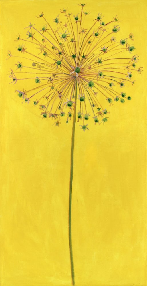 Painting of a green flowering plant against a yellow ground