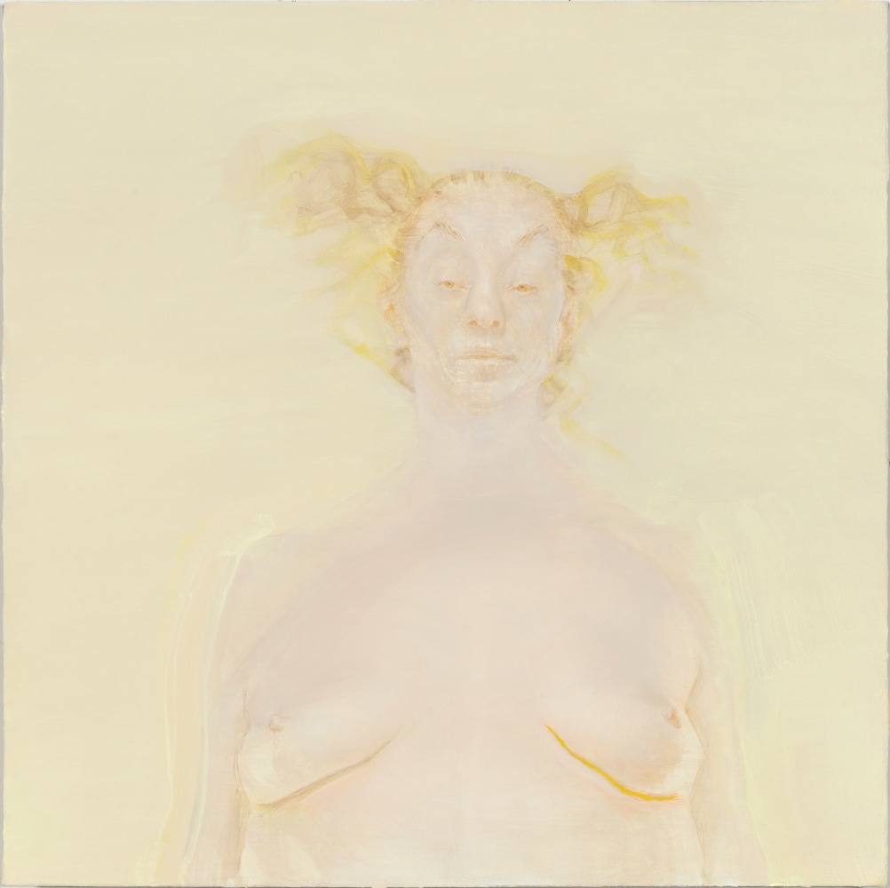 Painting of a nude figure standing against an atmospheric pale yellow background