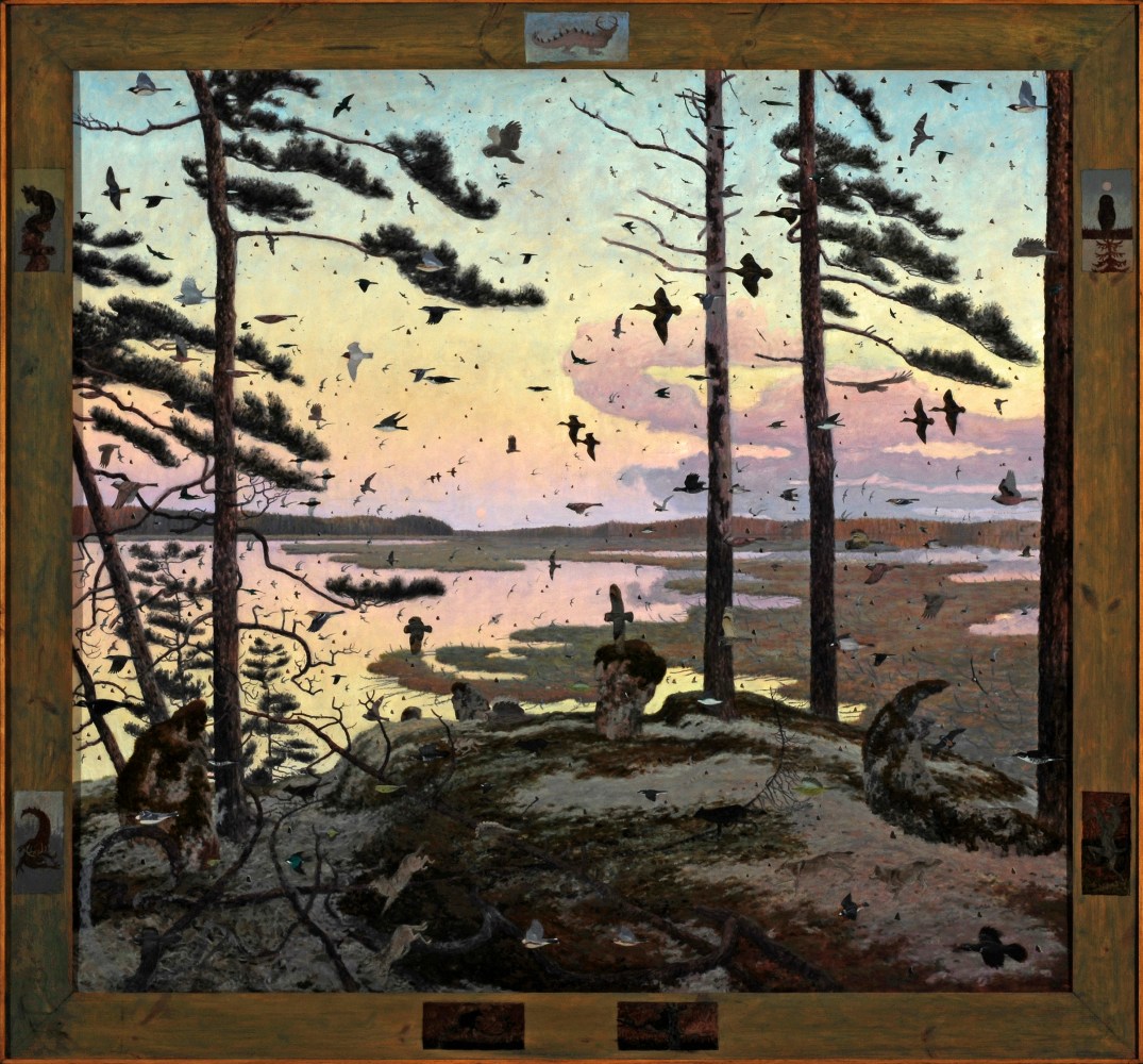 Nin-Nanagatawabamdan, 2009, oil on linen, 56 7/8 x 61 inches, including artist&amp;#39;s hand painted frame