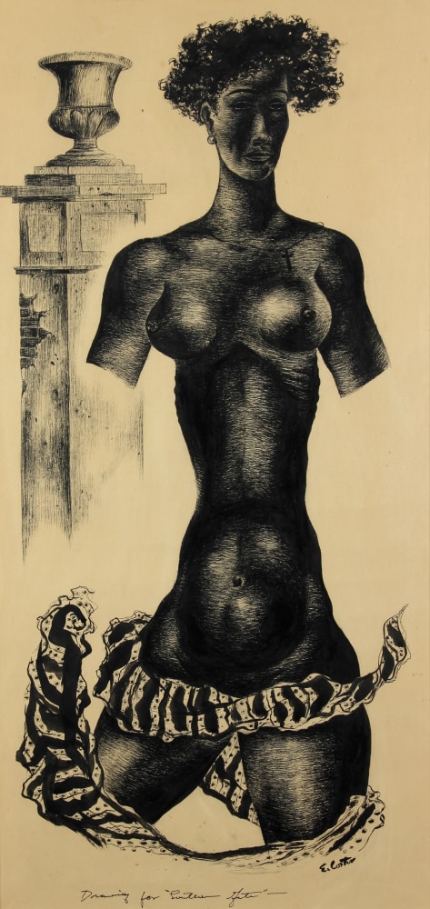 Drawing of the bust and head of a figure, with arms severed below the shoulder, a piece of cloth swirling around their legs, and a architectural post in the background