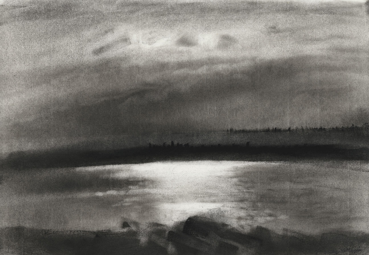 Charcoal landscape drawing of the sky and ocean at dawn or dusk, with dim sunlight coming through soft clouds and reflected off the water