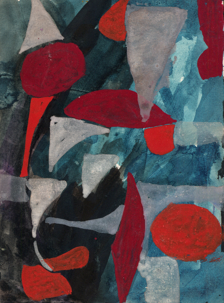 Abstract painting on paper consisting of geometric forms in blue, black, red and grey