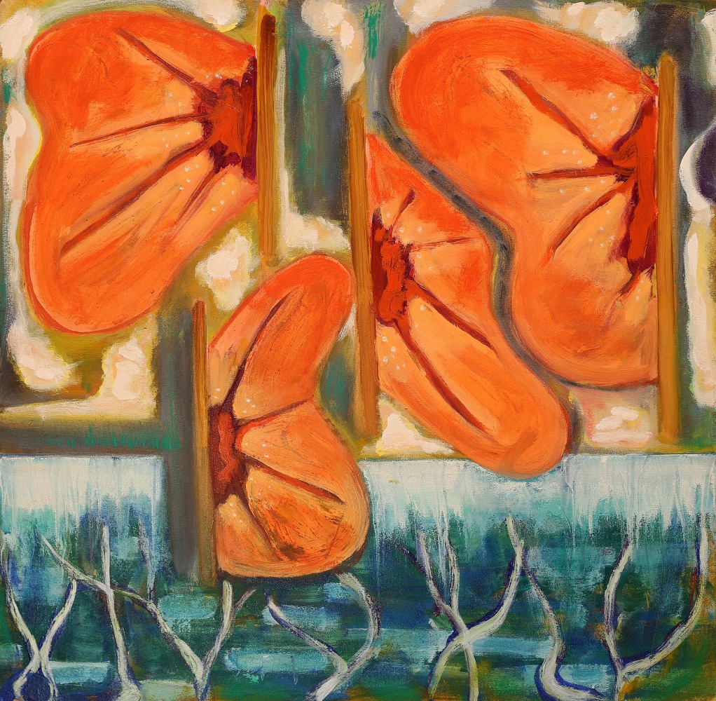 Abstract painting consisting of an arrangement of organic forms in orange, blue, white, green and brown