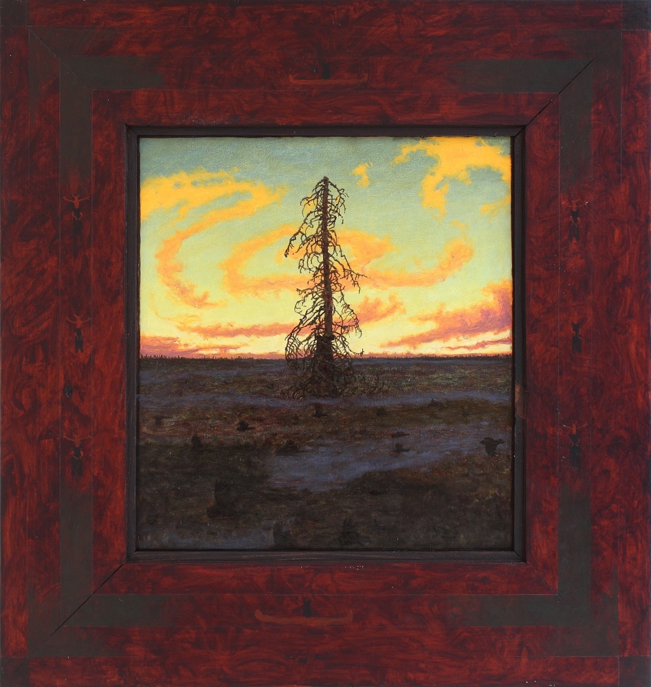 Landscape painting with a tall, dead-looking tree in the center of marshland, with a vibrant sunset behind