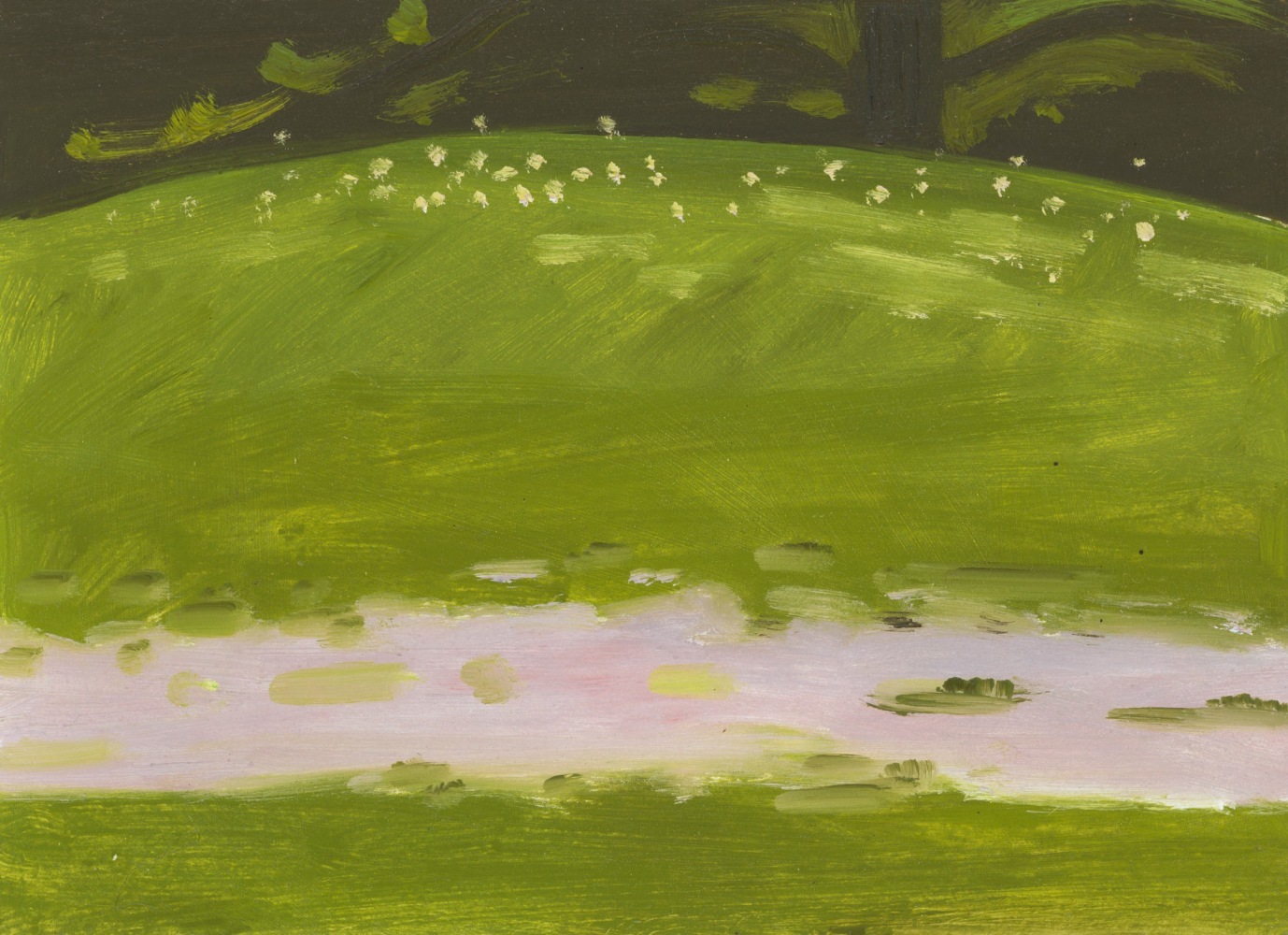 Painting of a path surrounded by grass and dark trees in the background