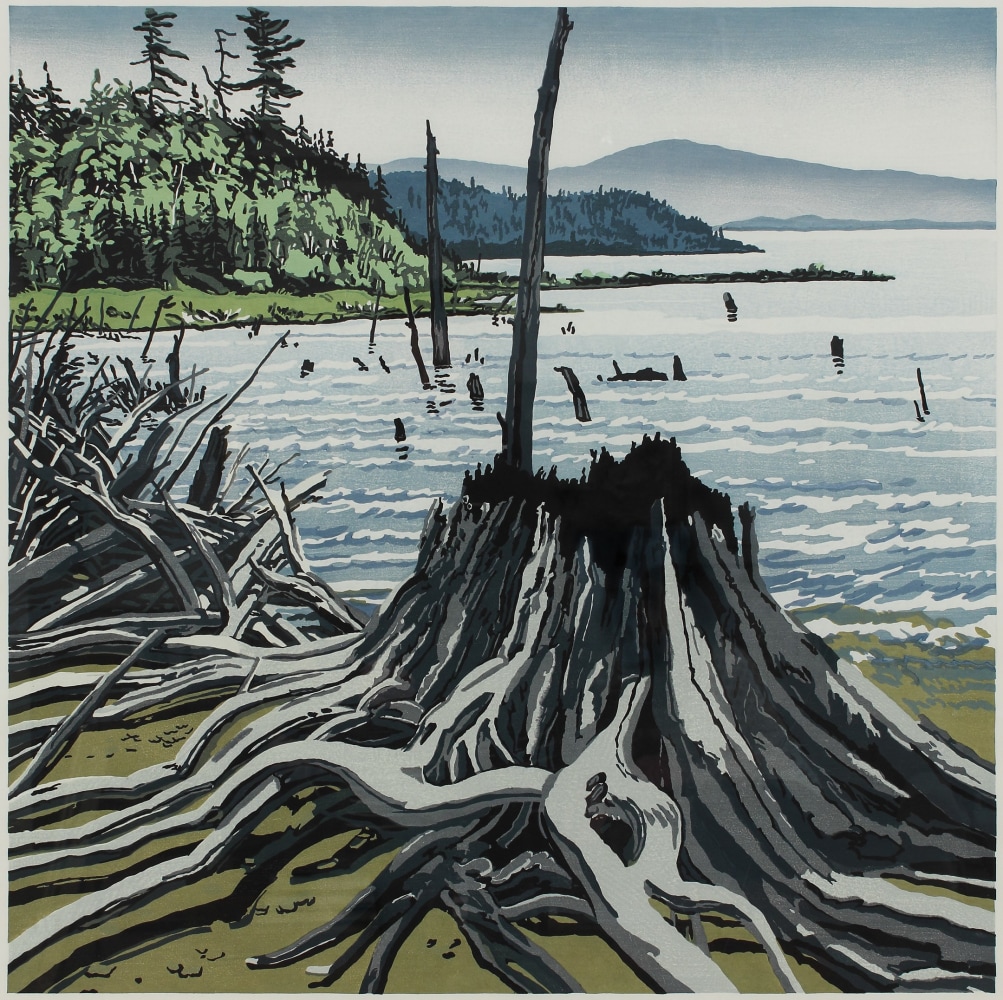 Landscape woodcut of a stump and piles of grey driftwood on a shore, with trees and mountains in the distance