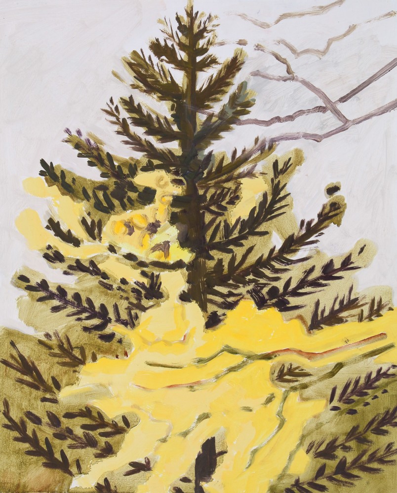 Lois Dodd, October: Spruce + Elm, 2020, oil on Masonite, 11 7/8 x 9 1/2 inches