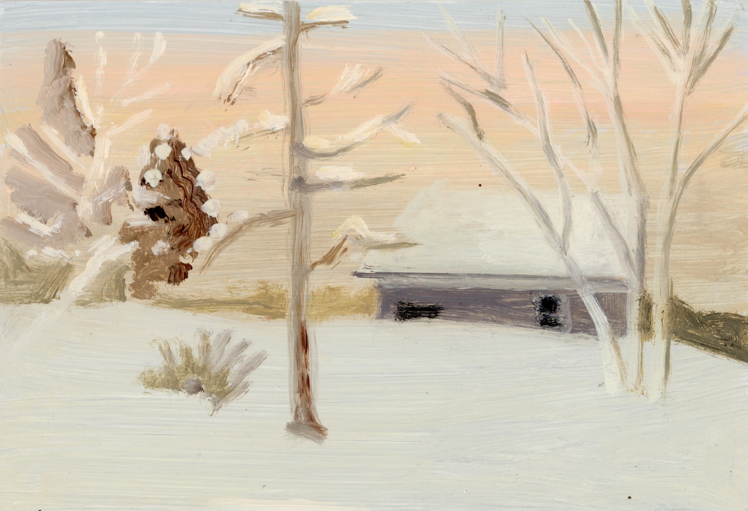 Bill&amp;#39;s House in Snow, 2021, oil on aluminum flashing, 5 x 7 inches