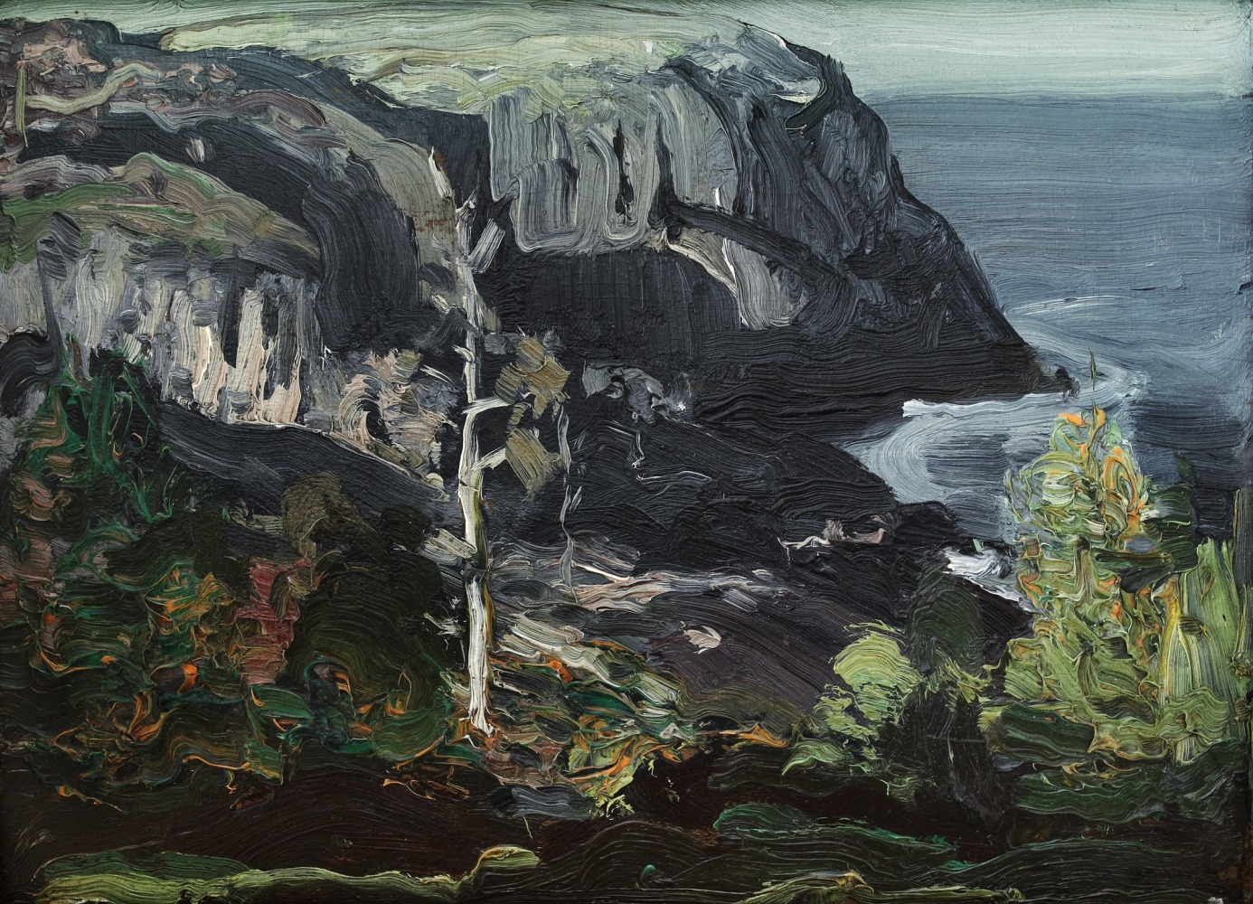 Landscape painting of a dark cliff with the sea in the background and green plant-forms in the foreground