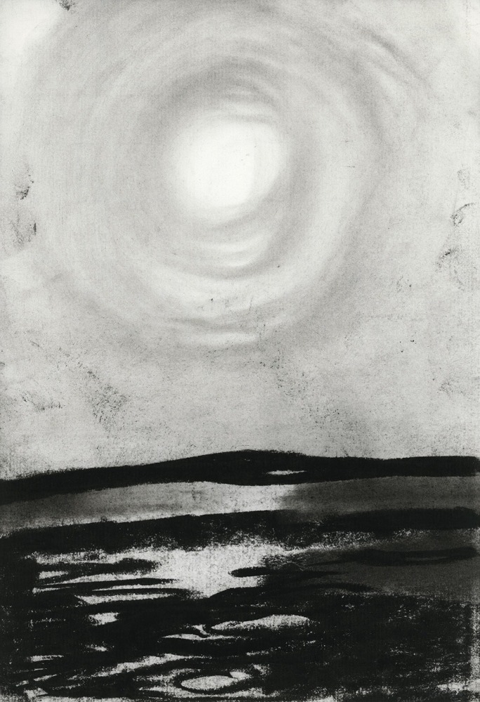 Charcoal landscape drawing of the sun or moon in the sky, reflecting on the water below