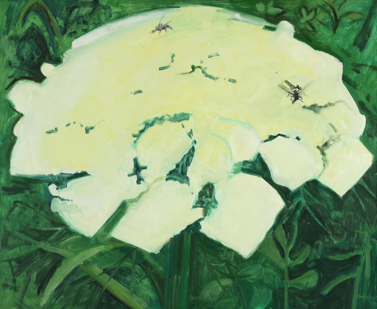 Painting of three flies on a white flower-head in the grass