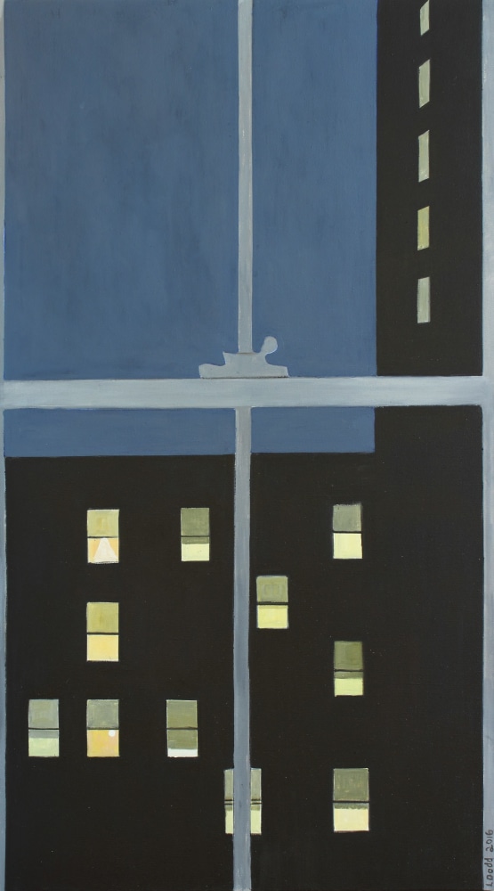 Painting of a view looking through an interior window at night, at a dark building with lights in some of the windows