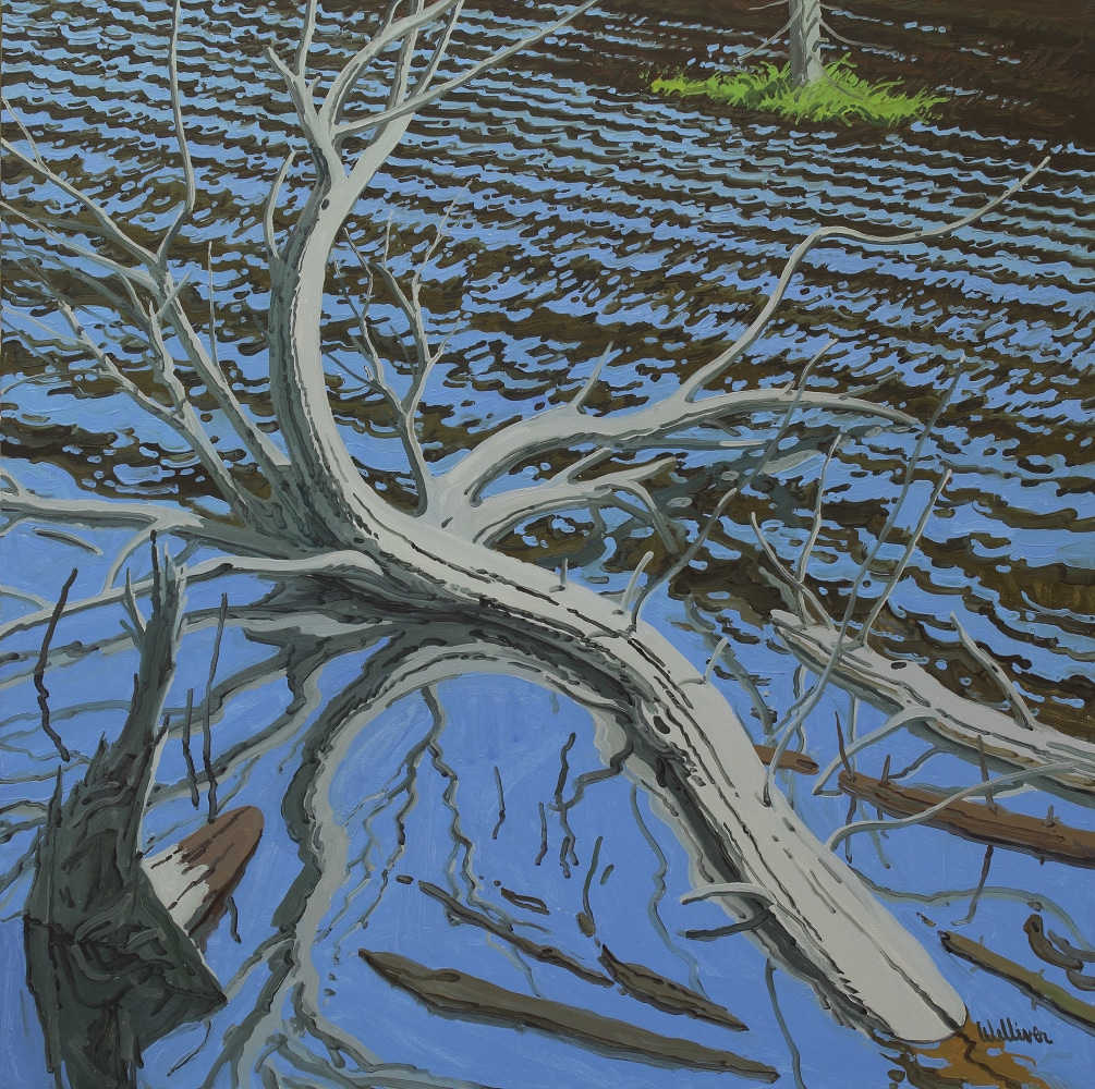 Landscape painting of a grey tree sinking into a body of water