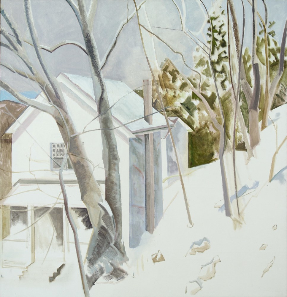 Painting of a building in a winter landscape