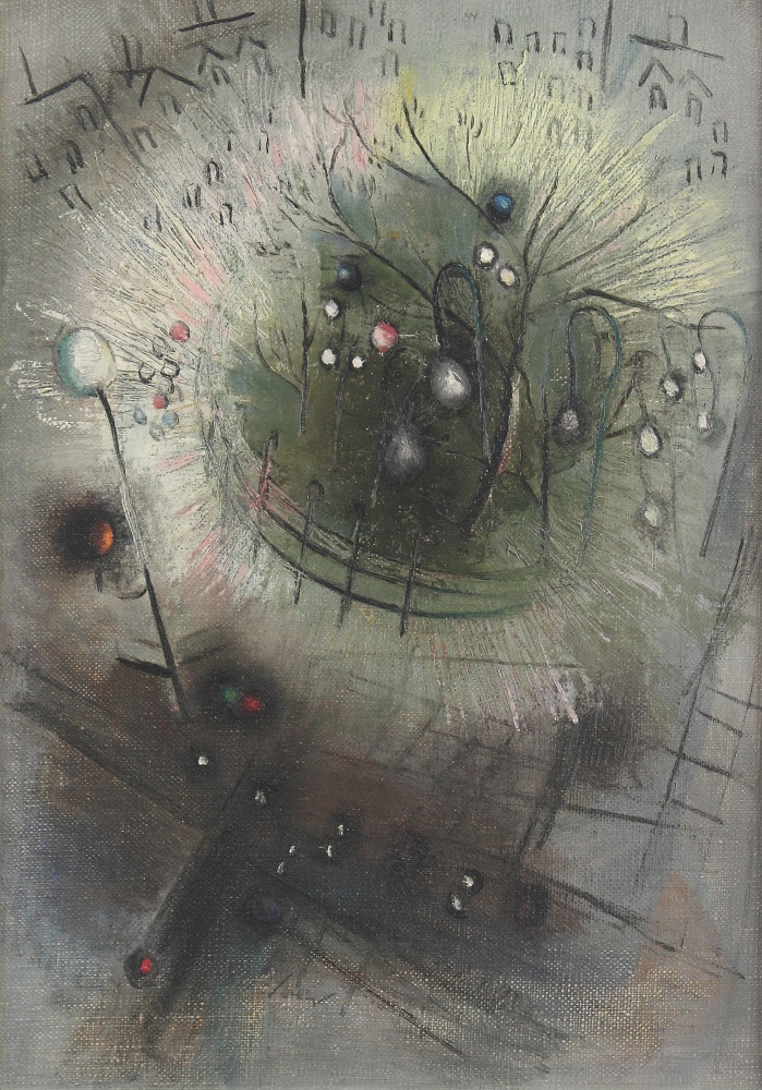 Atmospheric painting of an abstracted aerial view of a city garden