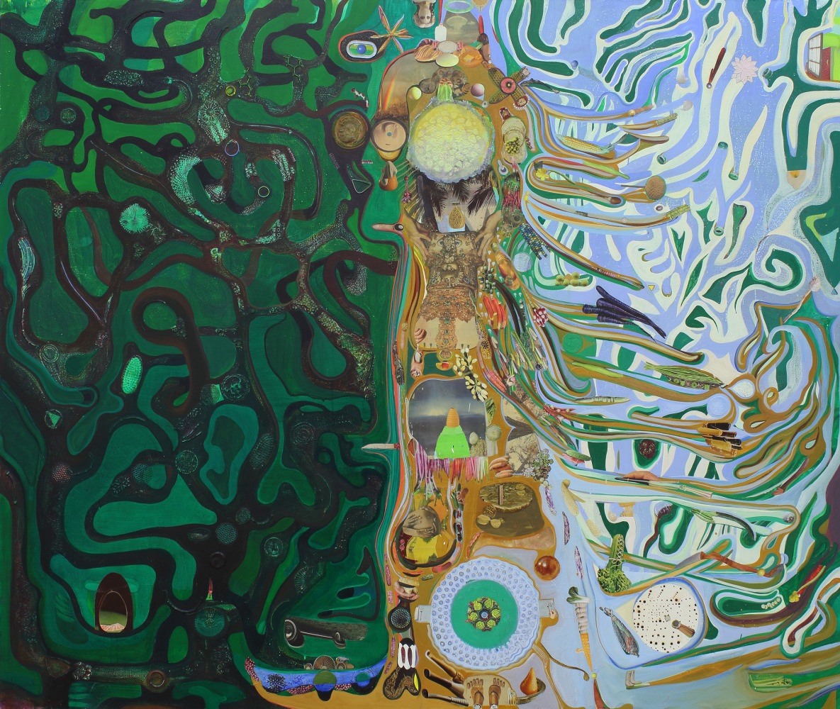Abstract painting with black, yellow and green organic forms snaking throughout on a green and blue background with a yellow form in the center and collage elements throughout
