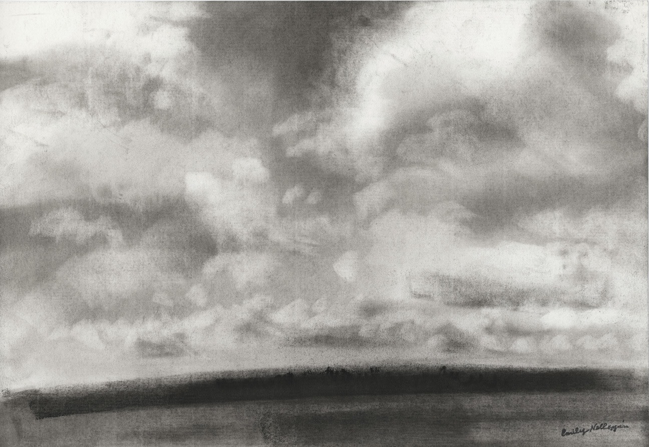 Charcoal landscape drawing of a cloudy sky over a tree-lined shoreline and a body of water