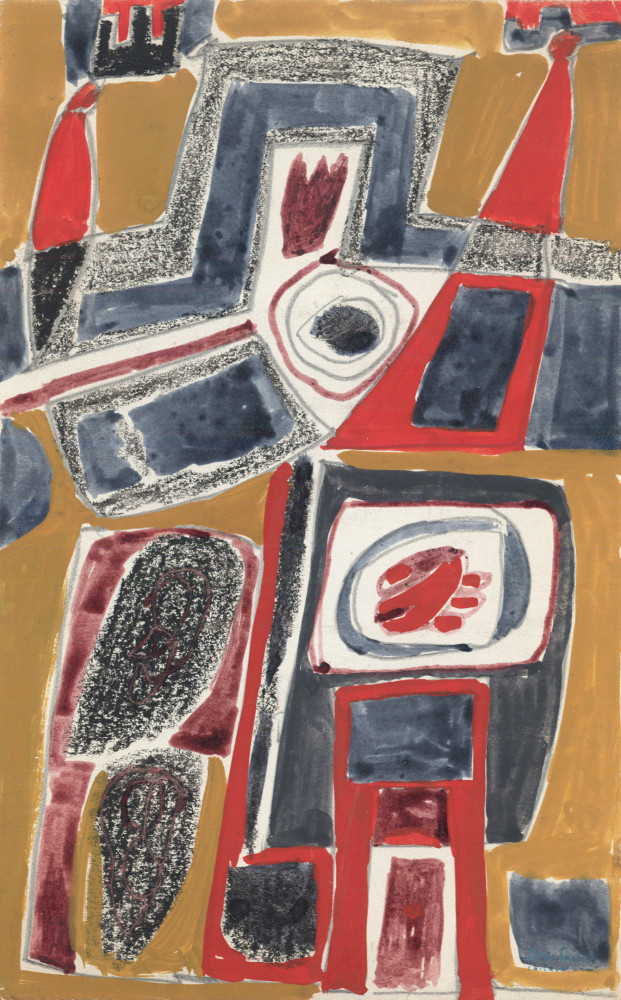 Abstract painting on paper consisting of geometric forms in gold, red, maroon, blue, grey and ivory